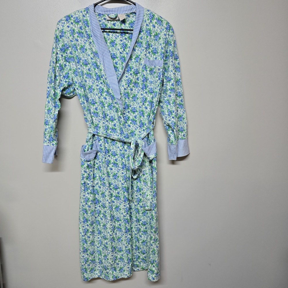 Vintage Victoria's Secret Cotton‎ Robe Blue Floral Gingham Trim P/S Cottagecore